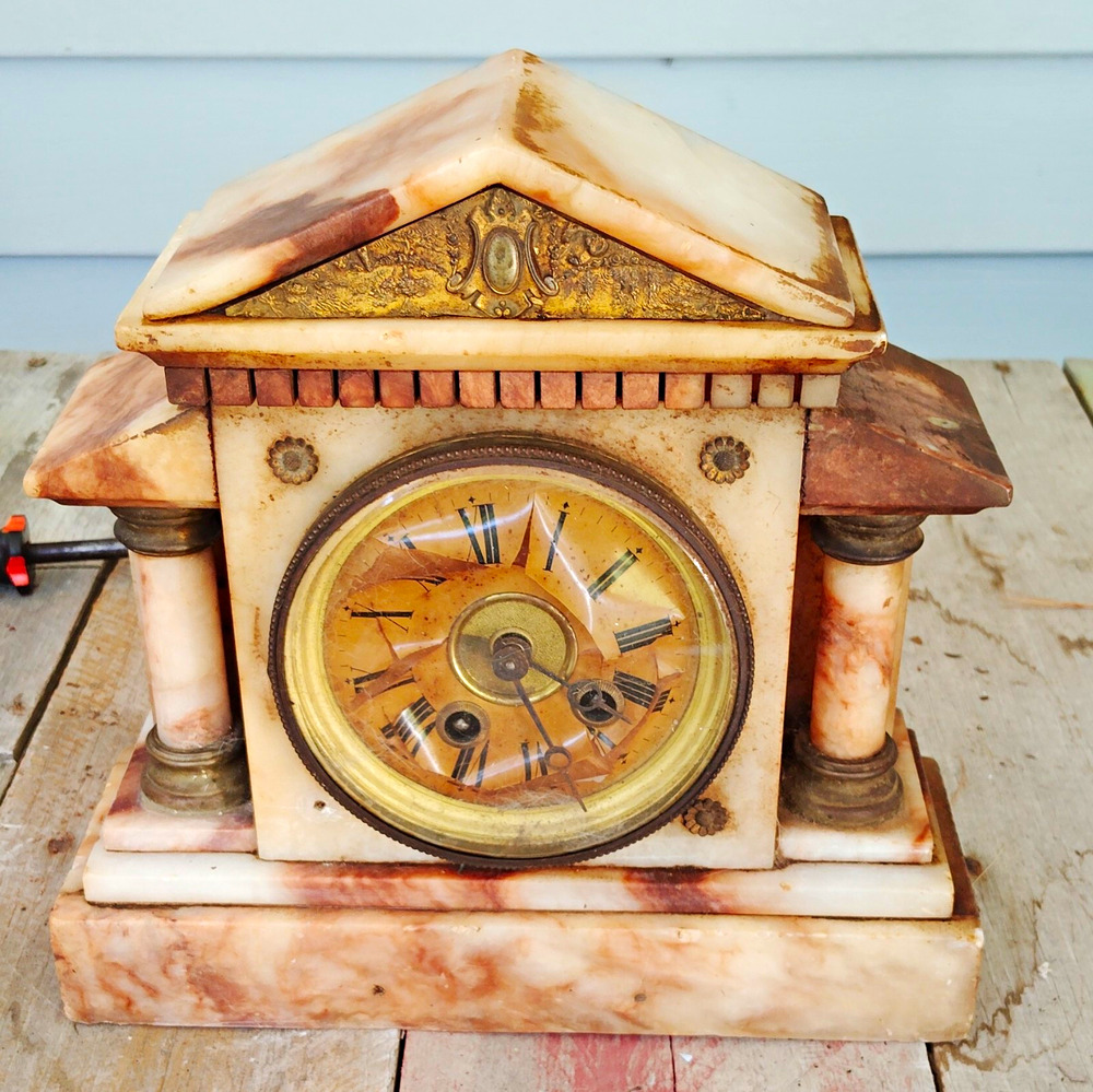 Pink White Marble Rectangle Mantel Clock Analog Roman Numerals Dial